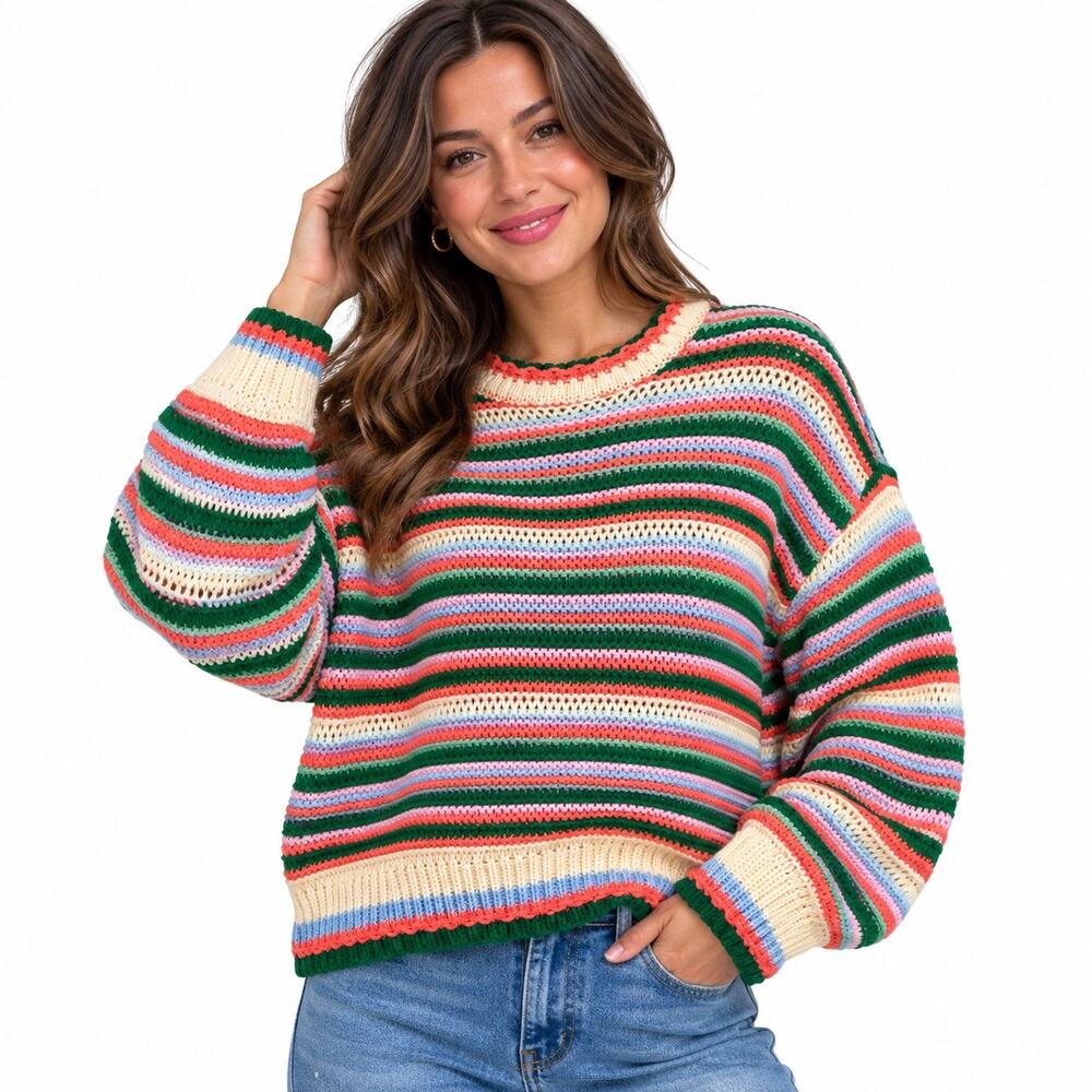 Storia Ivory Multi Striped Crewneck Sweater Sz S NWT